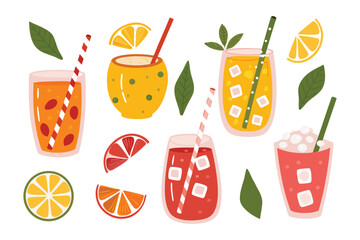 Refreshing Beverage Assortment: A vibrant collection of hand-drawn beverage illustrations. Evoking a refreshing essence, ideal for summer. 