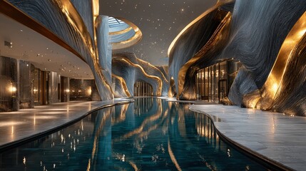 Luxury abstract exterior with gold leaf accents undulating walls and reflective pools for a lavish effect