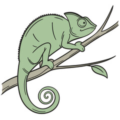 Naklejka premium A light green cartoon chameleon perched on a branch with a curled tail on a black background