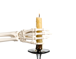 Creepy Skeleton Hand Holding a Candle, hyperrealistic isolated PNG