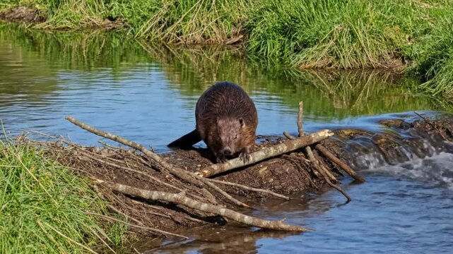 Beaver Building Dam with Sticks and Mud in River Water Habitat