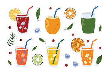 Vibrant Fruit Drinks: A collection of refreshing fruit drinks, each adorned with fresh ingredients and a straw, offering a visual feast for refreshment and wellness. 