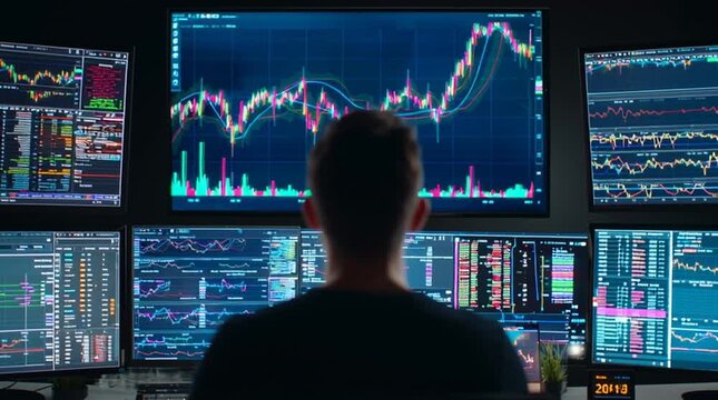 Stock trader working in a multi-monitor setup, focused on a holographic display with a real-time candlestick chart. Company logos and percentage changes update dynamically, capturing the speed and com