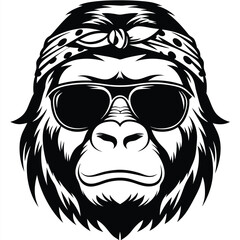 Gorilla with a bandana and sunglasses showcases a cool, edgy, yet serious expression