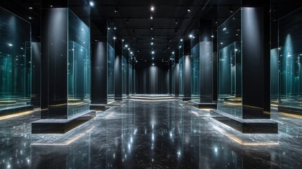 Empty modern showroom with mirrored columns glossy black surfaces and dramatic spotlighting for a high-end feel