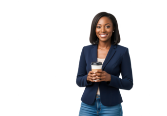 Confident Black Businesswoman Holding Coffee on White