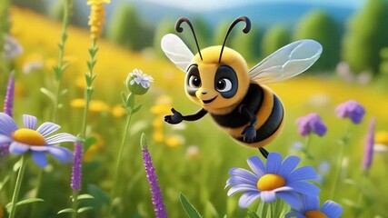 A cartoon bee with big eyes and a friendly expression hovers over colorful flowers in a vibrant meadow. The scene is bright and cheerful, showcasing nature's beauty. - Powered by Adobe