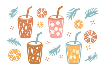 Refreshing Drink Delight: A colorful array of refreshing beverages with ice cubes, straws, and artistic decorations, offering a vibrant display of summer coolness.