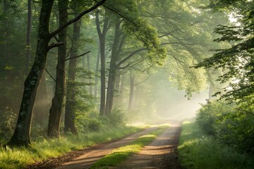Obraz premium A path through a dense forest with sunlight filtering through the trees creating a misty atmosphere
