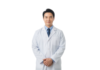 Confident Asian Doctor in White Coat Isolated on White Background