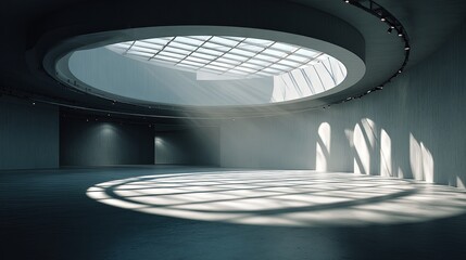 Empty modern showroom with a circular skylight sun rays creating dramatic shadows on the pristine floor