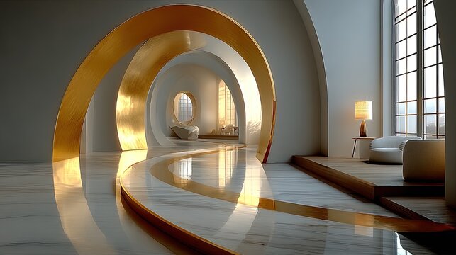 Minimalist abstract interior design featuring distorted mirrors curved walls and a neutral palette with a single bold accent