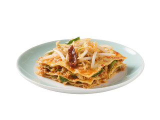 Vegetarian Lasagna with Sprouts and Peppers on White Background