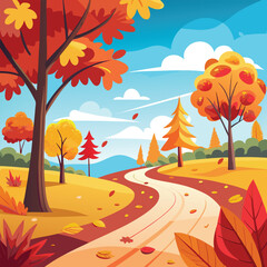 Autumn landscape with colorful trees and sunset sky in vector illustration style