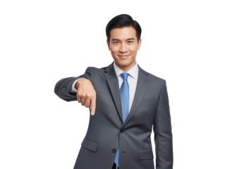 Smiling Asian Businessman Pointing Downward on White Background