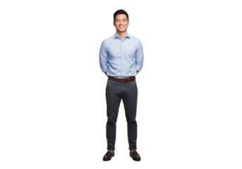Full Length Portrait of Smiling Asian Man in Casual Business Attire on White