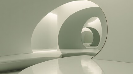 Minimalist abstract interior design featuring distorted mirrors curved walls and a neutral palette with a single bold accent