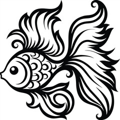 Intricate black and white line art depicts an ornate goldfish with stylized fins
