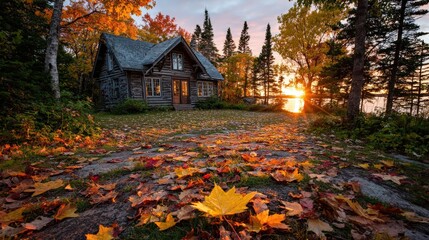 Autumn Log Cabin on Lakeside at Sunset