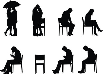 Silhouette people sitting and standing, couple in love, man and woman using phone, vector figures, black isolated illustration
