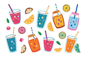 Summer Drinks Collection: A vibrant collection of refreshing summer drinks in various glasses and jars, adorned with colorful straws, citrus slices, and fresh mint leaves.