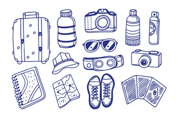 Travel Essentials: An array of travel essentials, hand-drawn with meticulous detail, inviting exploration and anticipation of adventure, travel and exploration. 