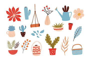 Blooming Collection of Botanical Elements: A collection of intricately designed, whimsical botanical elements is presented, each bursting with vibrant color and charming detail.