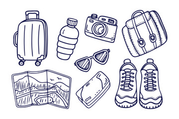 Travel Essentials Illustration: A whimsical illustration of travel essentials, perfect for travel-themed projects, featuring a suitcase, water bottle, camera, bag, sunglasses, map, phone, and shoes.
