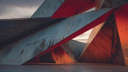 Exterior of a bold abstract structure with fractured concrete geometry and a futuristic urban vibe