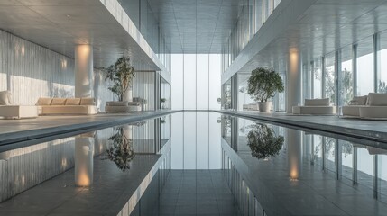 Empty modern showroom with a reflective pool in the center creating symmetry and a tranquil atmosphere