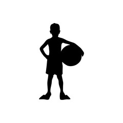 A bold, black silhouette of a young boy holding a beach ball and wearing flippers, standing confidently against a white background.
