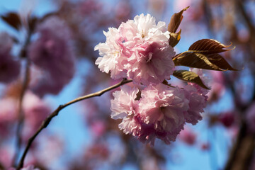 Close-up of blooming cherry blossoms with soft pink petals and warm sunlight
