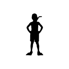 A bold, black silhouette of a child wearing a snorkel and flippers, standing confidently with hands on hips.