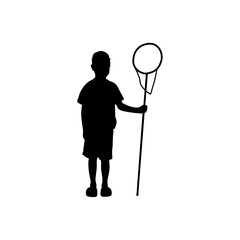 A simple, impactful silhouette of a young boy holding a butterfly net.