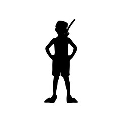 A bold, black silhouette of a child wearing scuba gear, poised for a diving or snorkeling adventure.