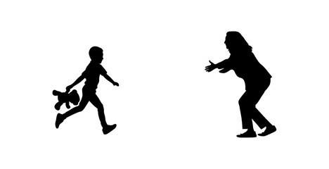 A simple, impactful silhouette image of a child running away from an adult, holding a teddy bear.