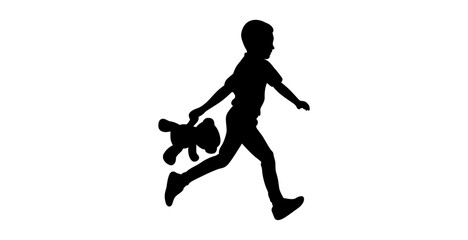 A dynamic silhouette of a child running while holding a teddy bear.