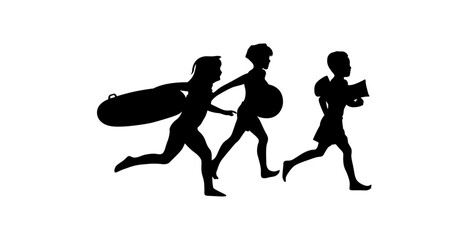 Silhouette of three children running, one carrying a surfboard, another objects, suggesting a playful, active, and carefree summer day.