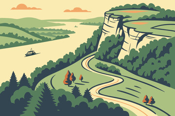 Cruise along the scenic byways near the Mississippi River bluffs in Wisconsin, United States, modern flat illustration style