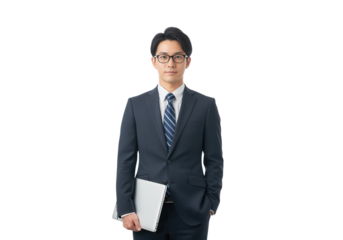 Confident Asian Businessman with Laptop in Suit