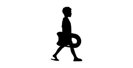 A simple, strong silhouette of a young boy walking away, carrying a large, circular swimming tube.