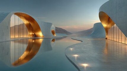 Luxury abstract exterior with gold leaf accents undulating walls and reflective pools for a lavish effect