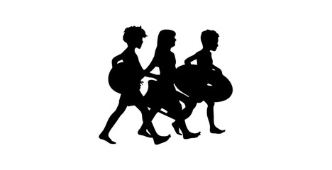 A simple black and white silhouette of three children walking in a row, holding something in their hands, creates a peaceful and friendly mood.