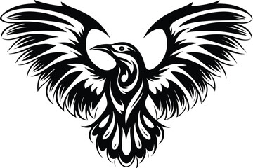 Detailed raven soars outward with spread wings in this symbolic black silhouette