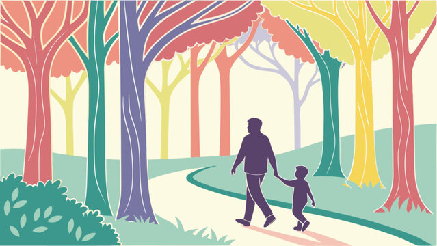 A father and son walking hand in hand through a colorful forest on a winding path together happily ever after - Powered by Adobe