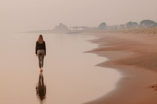 woman walking on the  deserted beach
