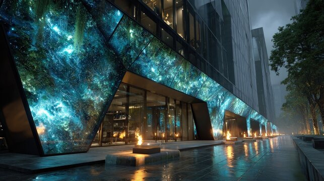 High-tech abstract facade with interactive LED panels shifting patterns and a dynamic futuristic aesthetic