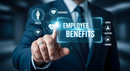 Businessman touching a screen displaying "Employee Benefits"