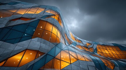Futuristic abstract exterior design with floating geometric shapes glass panels and a sleek metallic finish