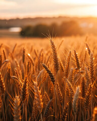 Silhouetted wheat stalks at golden sunset, warm light, tranquil nature scene, sharp foreground with blurred background